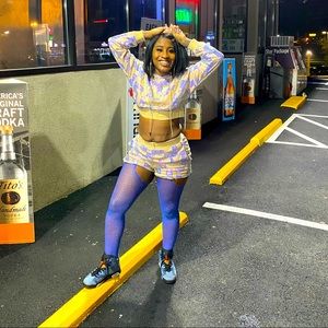 Glitzy sequence jumpsuit shorts and crop hoodie